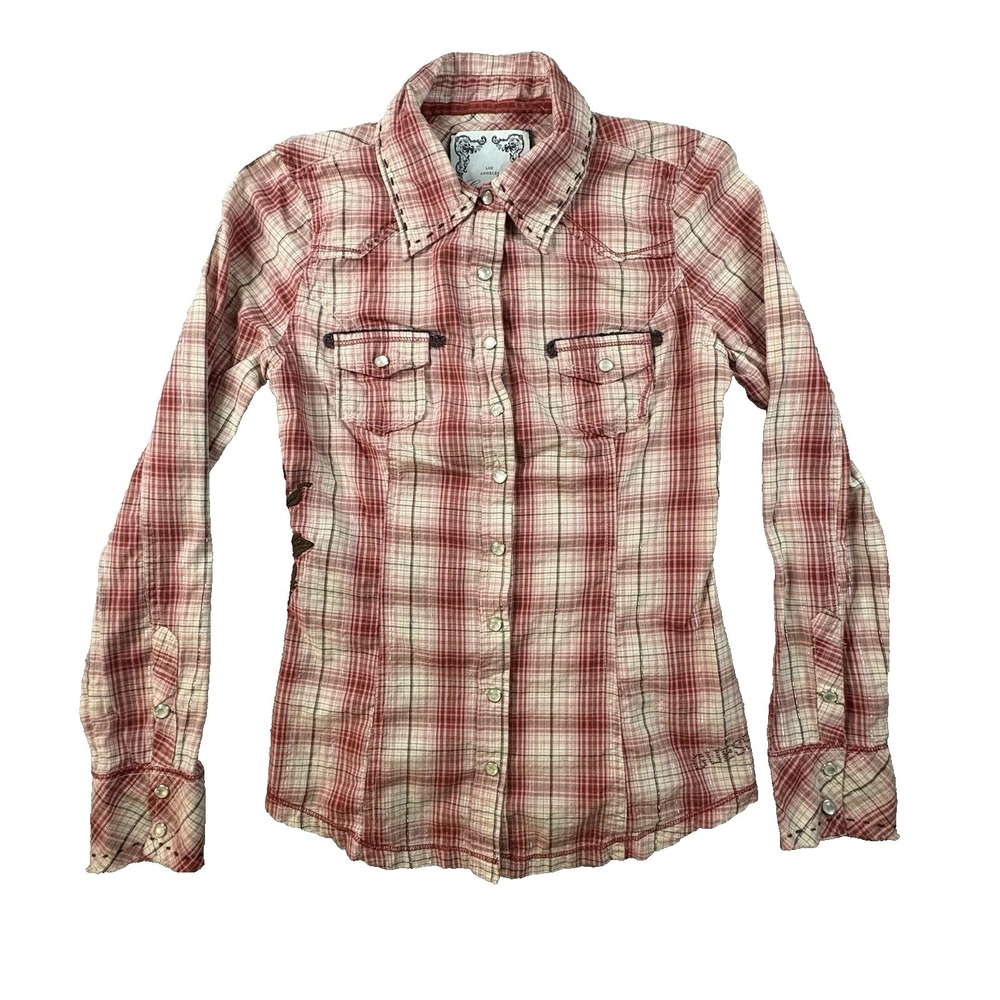 Guess Jeans Women's XS Pink Plaid Western Pearl Snap Embroidered Shirt SEE DESCR